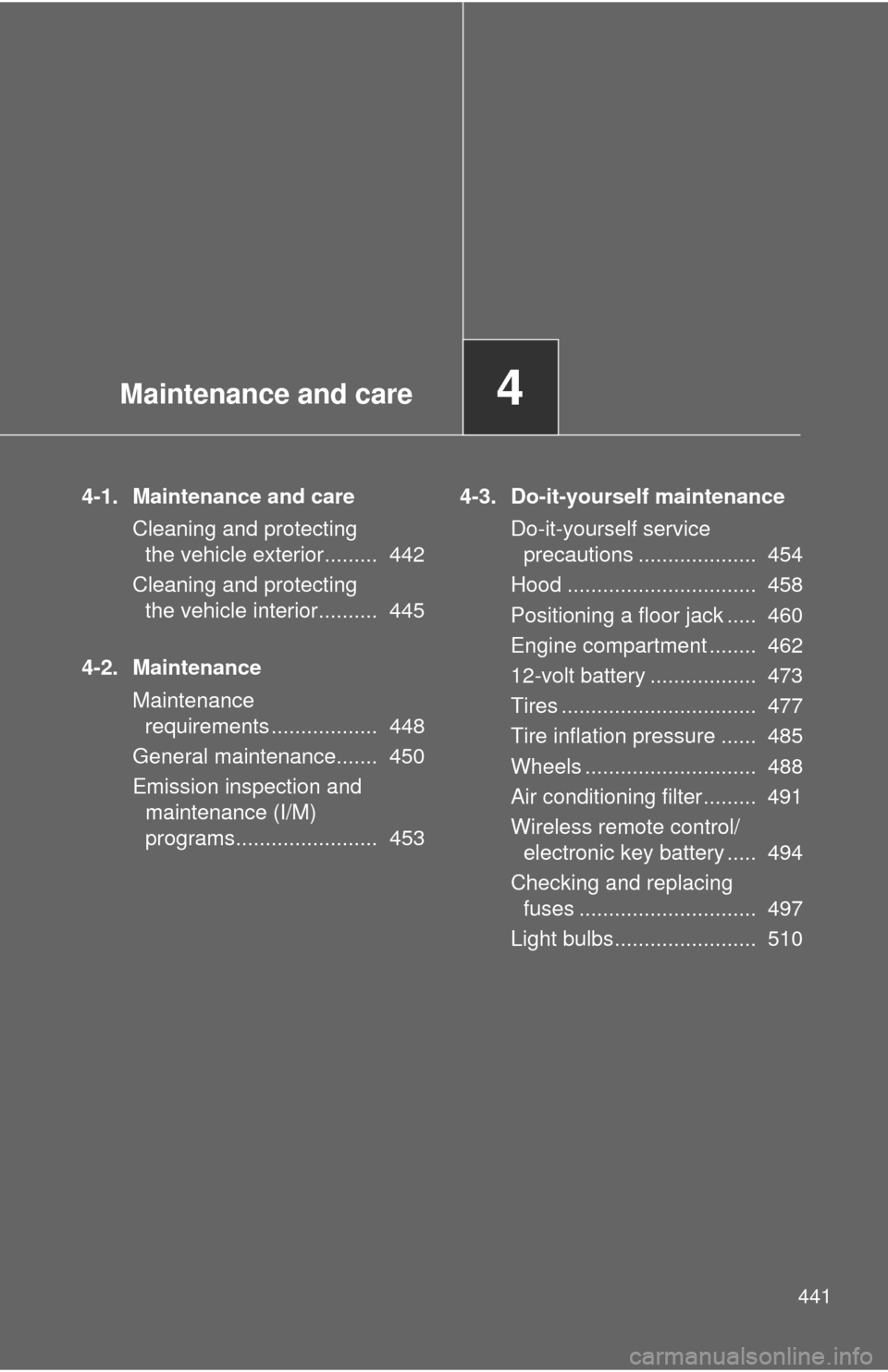 TOYOTA HIGHLANDER HYBRID 2012 XU40 / 2.G Owners Manual Maintenance and care4
441
4-1. Maintenance and careCleaning and protecting the vehicle exterior.........  442
Cleaning and protecting  the vehicle interior..........  445
4-2. Maintenance Maintenance 
