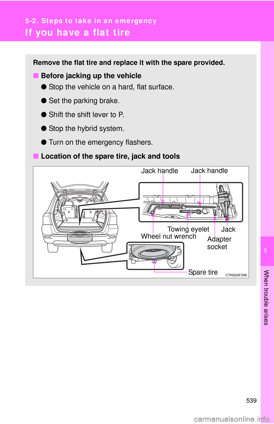 TOYOTA HIGHLANDER HYBRID 2012 XU40 / 2.G Owners Manual 5
When trouble arises
539
5-2. Steps to take in an emergency
If you have a flat tire
Remove the flat tire and replace it with the spare provided.
■Before jacking up the vehicle
●Stop the vehicle o TOYOTA HIGHLANDER HYBRID 2012 XU40 / 2.G Owners Manual 5
When trouble arises
539
5-2. Steps to take in an emergency
If you have a flat tire
Remove the flat tire and replace it with the spare provided.
■Before jacking up the vehicle
●Stop the vehicle o