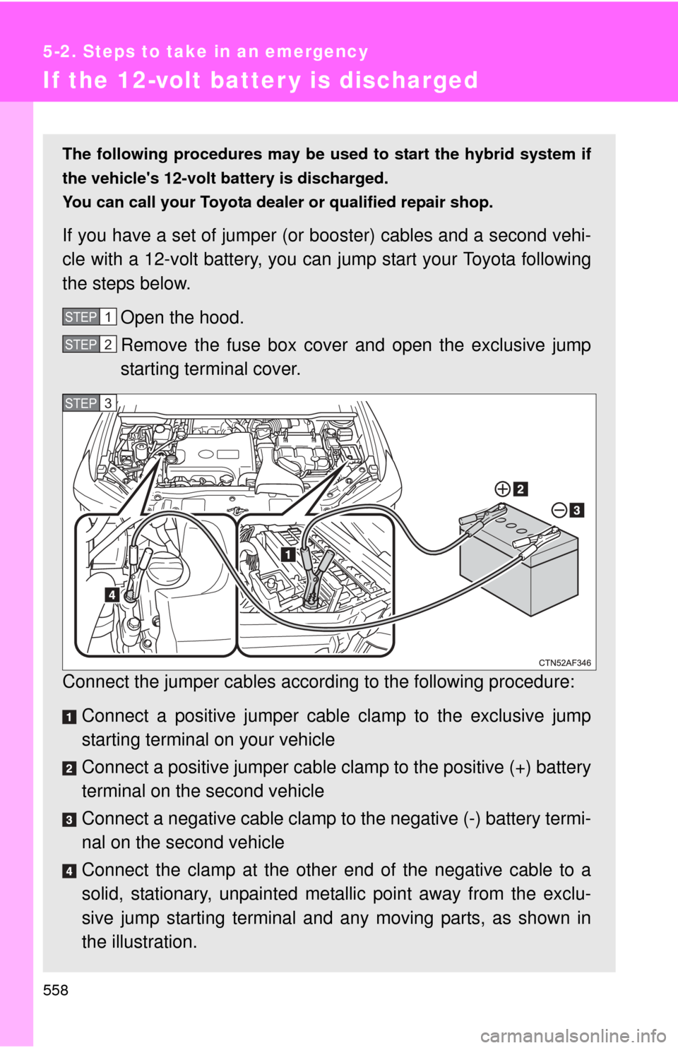 TOYOTA HIGHLANDER HYBRID 2012 XU40 / 2.G Owners Manual 558
5-2. Steps to take in an emergency
If the 12-volt batter y is discharged
The following procedures may be used to start the hybrid system if
the vehicles 12-volt battery is discharged.
You can cal