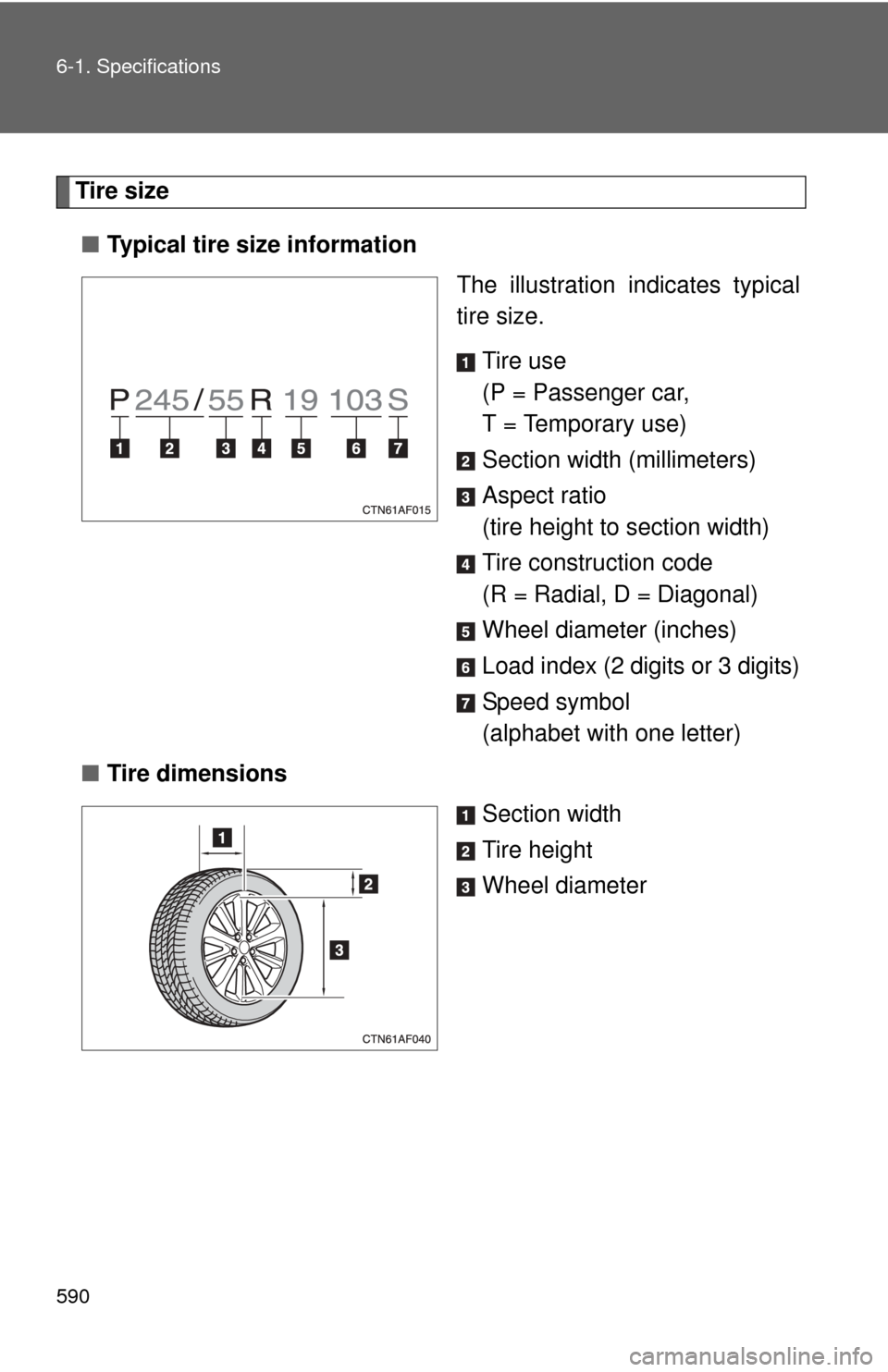 TOYOTA HIGHLANDER HYBRID 2012 XU40 / 2.G Owners Manual 590 6-1. Specifications
Tire size■ Typical tire size information
The illustration indicates typical
tire size.
Tire use
(P = Passenger car,
T = Temporary use)
Section width (millimeters)
Aspect rat TOYOTA HIGHLANDER HYBRID 2012 XU40 / 2.G Owners Manual 590 6-1. Specifications
Tire size■ Typical tire size information
The illustration indicates typical
tire size.
Tire use
(P = Passenger car,
T = Temporary use)
Section width (millimeters)
Aspect rat