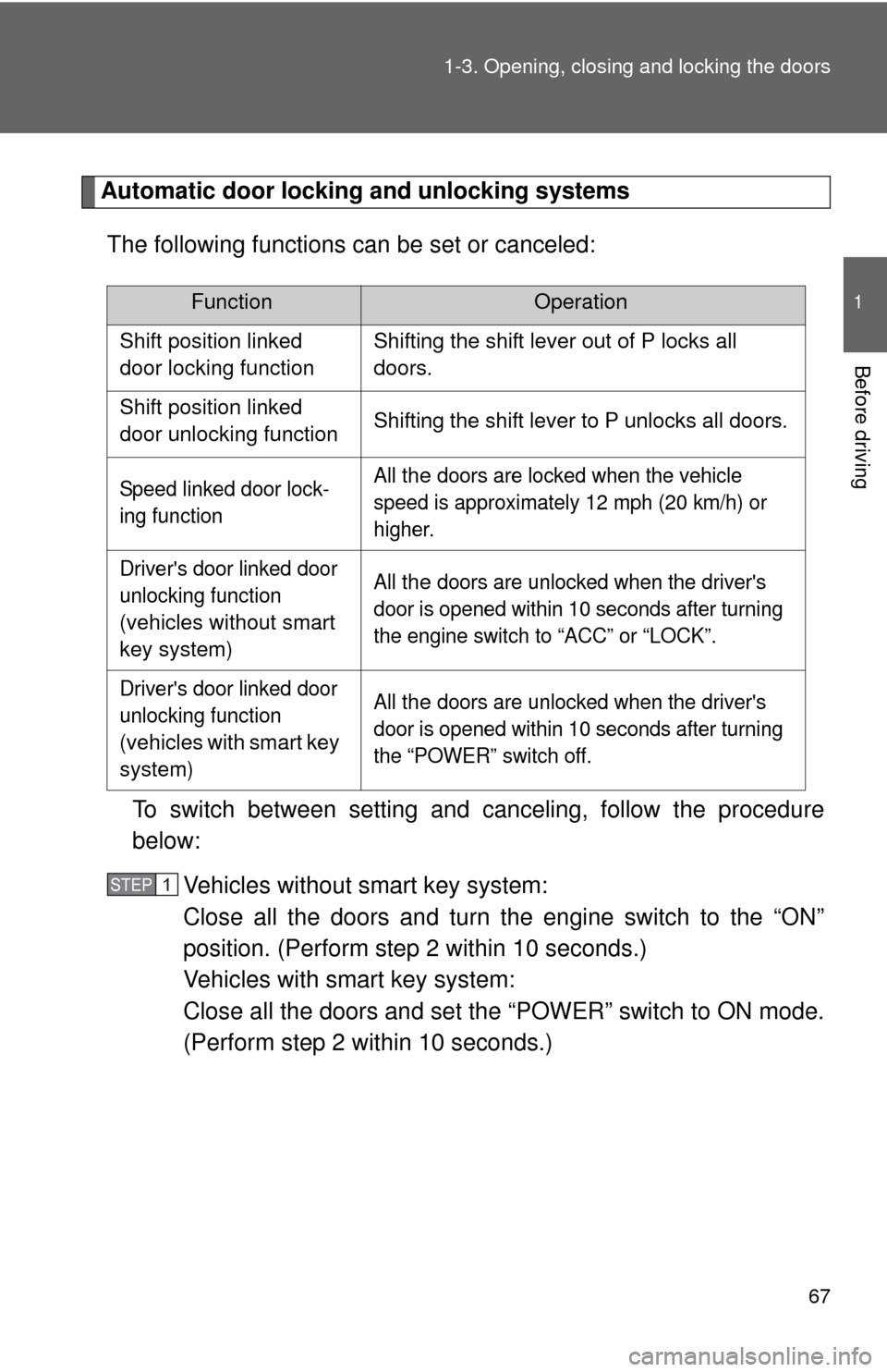 TOYOTA HIGHLANDER HYBRID 2012 XU40 / 2.G Owners Manual 67
1-3. Opening, closing and locking the doors
1
Before driving
Automatic door locking and unlocking systems
The following functions can be set or canceled:
To switch between setting and canceling, fo
