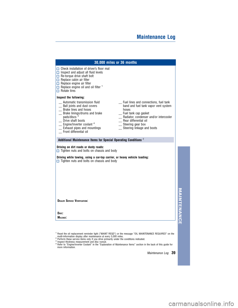 TOYOTA HIGHLANDER HYBRID 2012 XU40 / 2.G Warranty And Maintenance Guide JOBNAME: 934394-2012-hhv-toyw PAGE: 39 SESS: 12 OUTPUT: Mon Jul 25 14:05:09 2011
/tweddle/toyota/sched-maint/934394-en-hhv/wg
30,000 miles or 36 months
Check installation of driver’s floor matInspec TOYOTA HIGHLANDER HYBRID 2012 XU40 / 2.G Warranty And Maintenance Guide JOBNAME: 934394-2012-hhv-toyw PAGE: 39 SESS: 12 OUTPUT: Mon Jul 25 14:05:09 2011
/tweddle/toyota/sched-maint/934394-en-hhv/wg
30,000 miles or 36 months
Check installation of driver’s floor matInspec