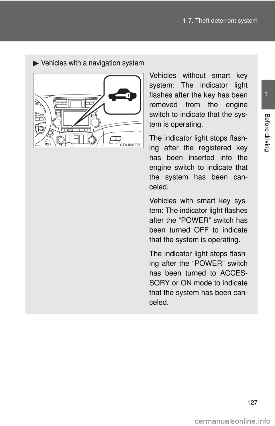 TOYOTA HIGHLANDER HYBRID 2013 XU50 / 3.G Owners Manual 127
1-7. Theft deterrent system
1
Before driving
Vehicles with a navigation system
Vehicles without smart key
system: The indicator light
flashes after the key has been
removed from the engine
switch TOYOTA HIGHLANDER HYBRID 2013 XU50 / 3.G Owners Manual 127
1-7. Theft deterrent system
1
Before driving
Vehicles with a navigation system
Vehicles without smart key
system: The indicator light
flashes after the key has been
removed from the engine
switch