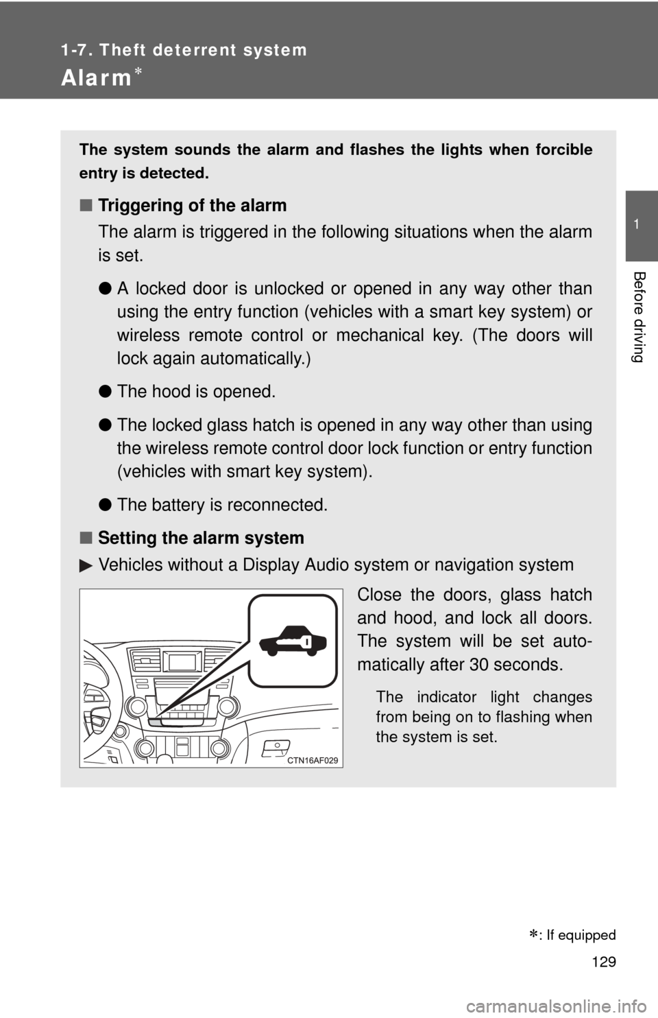 TOYOTA HIGHLANDER HYBRID 2013 XU50 / 3.G Owners Manual 129
1
1-7. Theft deterrent system
Before driving
Alarm
The system sounds the alarm and flashes the lights when forcible
entry is detected.
■Triggering of the alarm
The alarm is triggered in the f TOYOTA HIGHLANDER HYBRID 2013 XU50 / 3.G Owners Manual 129
1
1-7. Theft deterrent system
Before driving
Alarm
The system sounds the alarm and flashes the lights when forcible
entry is detected.
■Triggering of the alarm
The alarm is triggered in the f