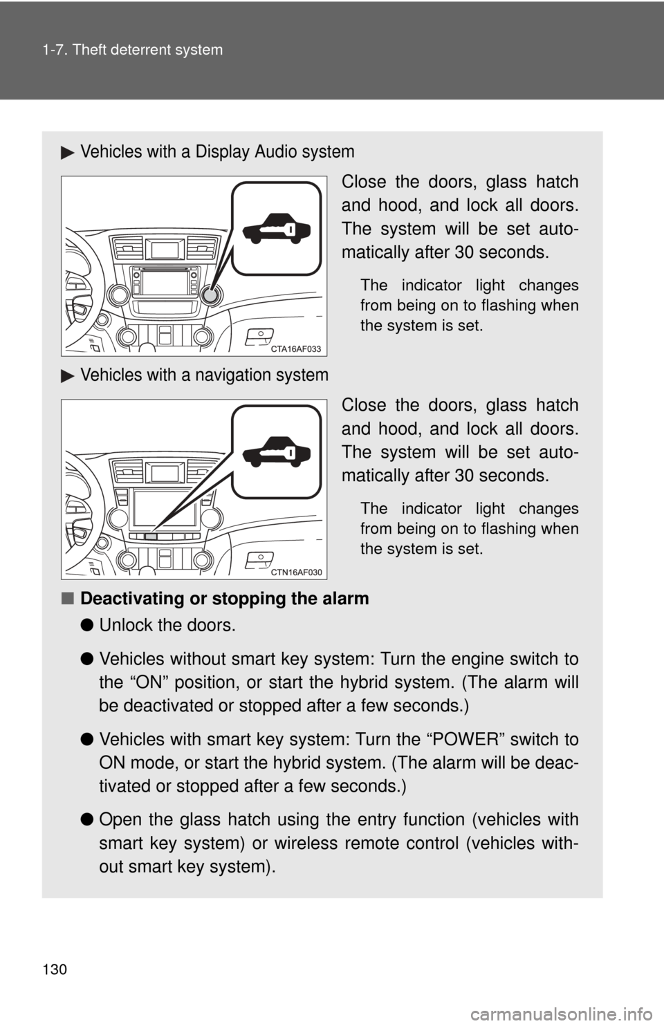 TOYOTA HIGHLANDER HYBRID 2013 XU50 / 3.G Owners Manual 130 1-7. Theft deterrent system
Vehicles with a Display Audio system
Close the doors, glass hatch
and hood, and lock all doors.
The system will be set auto-
matically after 30 seconds.
The indicator l TOYOTA HIGHLANDER HYBRID 2013 XU50 / 3.G Owners Manual 130 1-7. Theft deterrent system
Vehicles with a Display Audio system
Close the doors, glass hatch
and hood, and lock all doors.
The system will be set auto-
matically after 30 seconds.
The indicator l