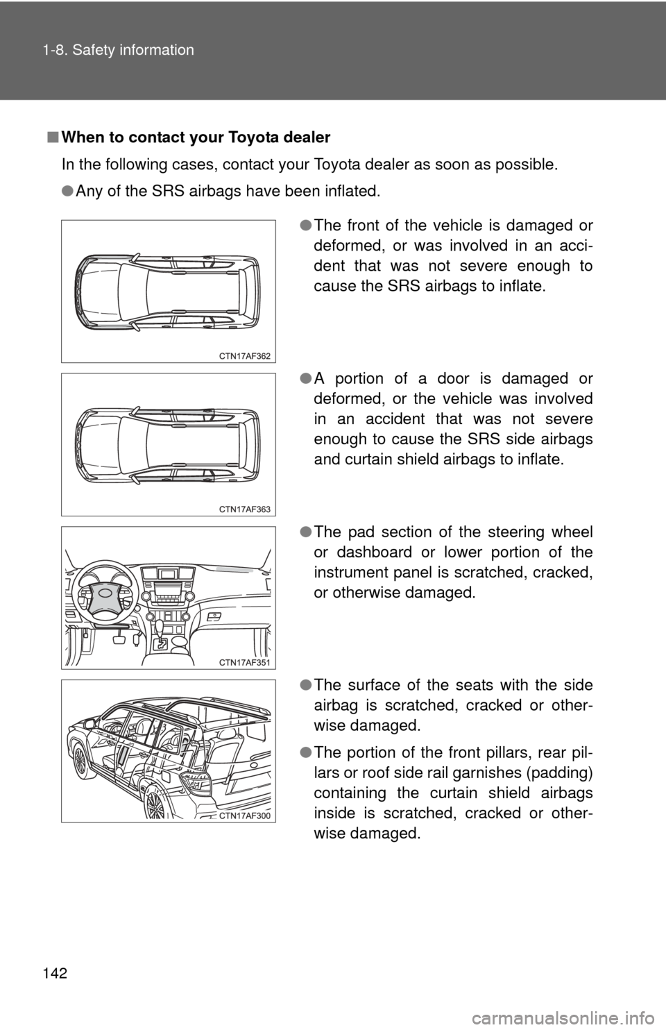 TOYOTA HIGHLANDER HYBRID 2013 XU50 / 3.G Owners Manual 142 1-8. Safety information
■When to contact your Toyota dealer
In the following cases, contact your Toyota dealer as soon as possible.
●Any of the SRS airbags have been inflated.
●The front of TOYOTA HIGHLANDER HYBRID 2013 XU50 / 3.G Owners Manual 142 1-8. Safety information
■When to contact your Toyota dealer
In the following cases, contact your Toyota dealer as soon as possible.
●Any of the SRS airbags have been inflated.
●The front of