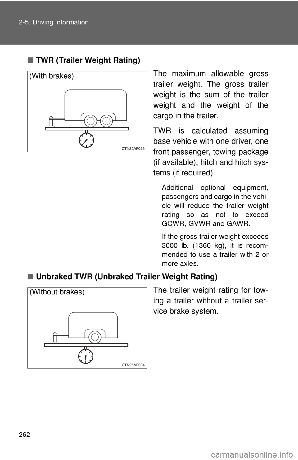 TOYOTA HIGHLANDER HYBRID 2013 XU50 / 3.G Owners Manual 262 2-5. Driving information
■TWR (Trailer Weight Rating)
The maximum allowable gross
trailer weight. The gross trailer
weight is the sum of the trailer
weight and the weight of the
cargo in the tra