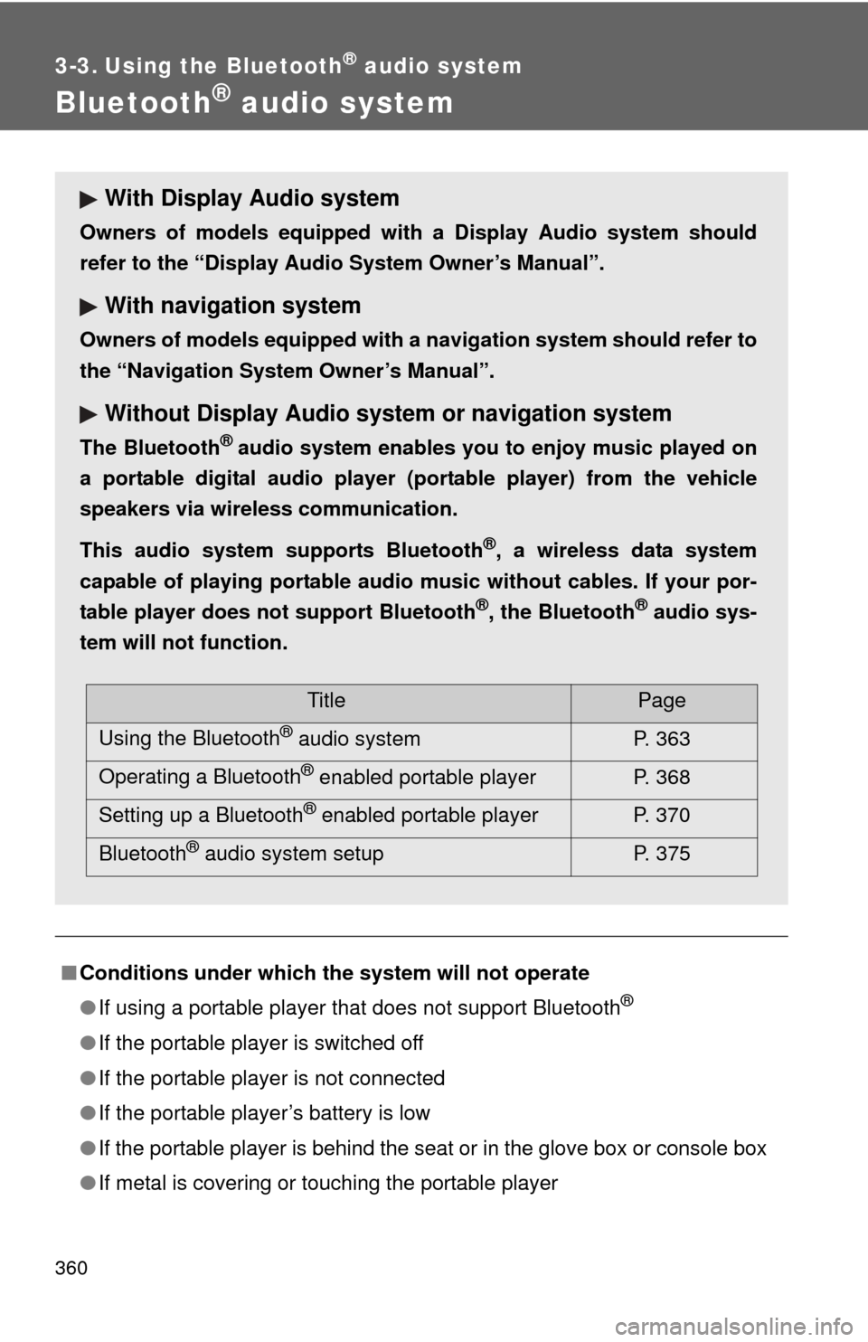 TOYOTA HIGHLANDER HYBRID 2013 XU50 / 3.G Owners Manual 360
3-3. Using the Bluetooth® audio system
Bluetooth® audio system
■Conditions under which th e system will not operate
● If using a portable player that does not support Bluetooth
®
●If the TOYOTA HIGHLANDER HYBRID 2013 XU50 / 3.G Owners Manual 360
3-3. Using the Bluetooth® audio system
Bluetooth® audio system
■Conditions under which th e system will not operate
● If using a portable player that does not support Bluetooth
®
●If the