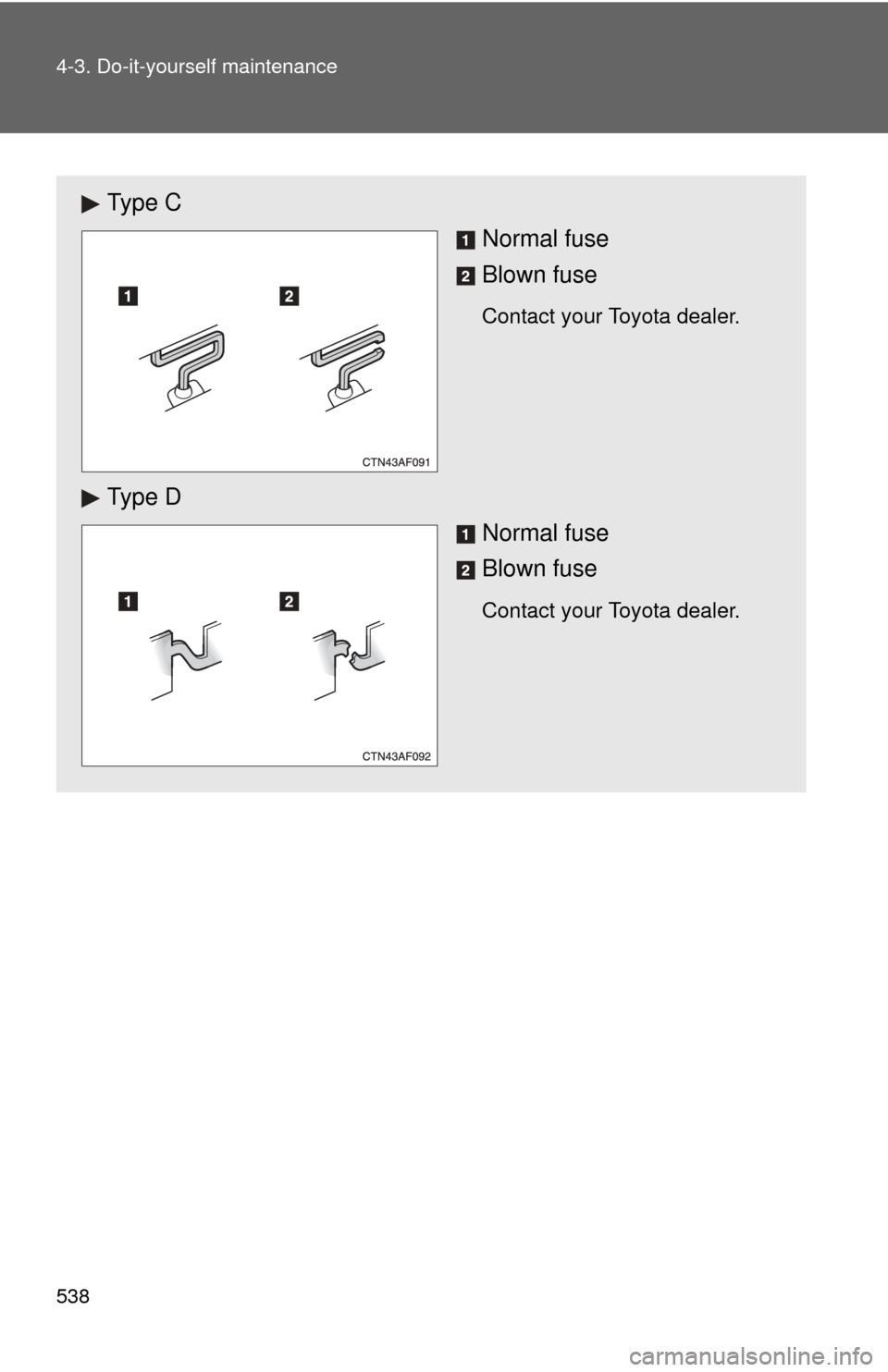 TOYOTA HIGHLANDER HYBRID 2013 XU50 / 3.G Repair Manual 538 4-3. Do-it-yourself maintenance
Ty p e  CNormal fuse
Blown fuse
Contact your Toyota dealer.
Ty p e  D
Normal fuse
Blown fuse
Contact your Toyota dealer. 