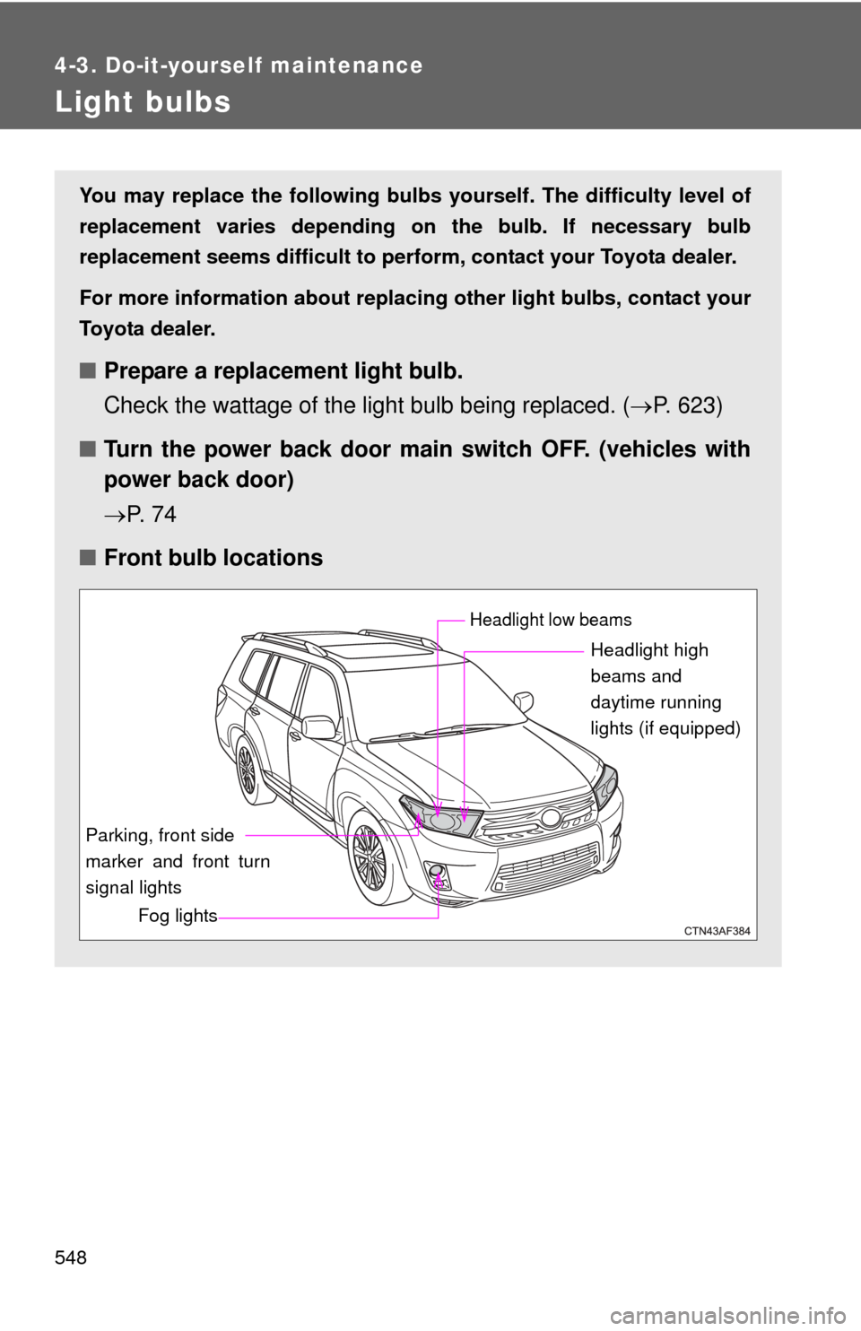 TOYOTA HIGHLANDER HYBRID 2013 XU50 / 3.G Owners Manual 548
4-3. Do-it-yourself maintenance
Light bulbs
You may replace the following bulbs yourself. The difficulty level of
replacement varies depending on the bulb. If necessary bulb
replacement seems diff