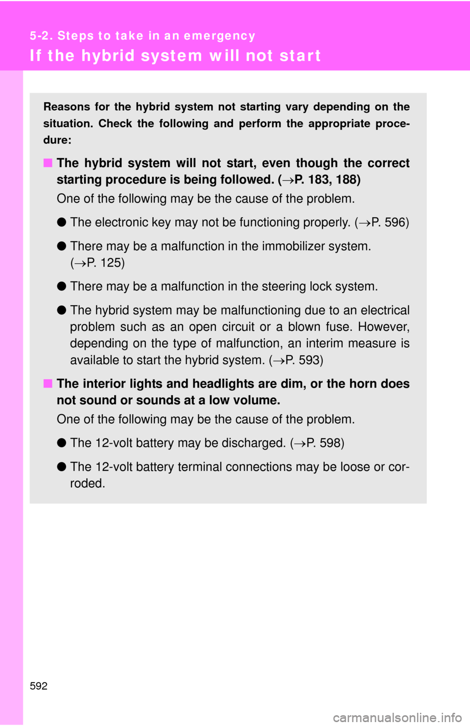 TOYOTA HIGHLANDER HYBRID 2013 XU50 / 3.G Owners Manual 592
5-2. Steps to take in an emergency
If the hybrid system will not start
Reasons for the hybrid system not starting vary depending on the
situation. Check the following a nd perform the appropriate 