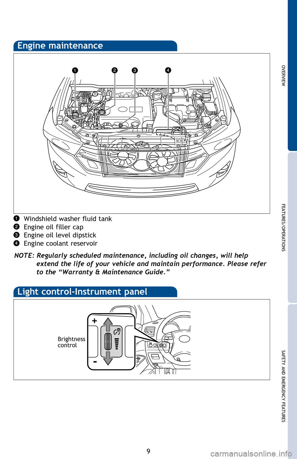 TOYOTA HIGHLANDER HYBRID 2013 XU50 / 3.G Quick Reference Guide OVERVIEW
FEATURES/OPERATIONS
SAFETY AND EMERGENCY FEATURES
9
NOTE: Tighten until one click is
heard. If the cap is not tightened
enough, Check Engine “
”
indicator may illuminate.
Windshield w TOYOTA HIGHLANDER HYBRID 2013 XU50 / 3.G Quick Reference Guide OVERVIEW
FEATURES/OPERATIONS
SAFETY AND EMERGENCY FEATURES
9
NOTE: Tighten until one click is
heard. If the cap is not tightened
enough, Check Engine “
”
indicator may illuminate.
Windshield w