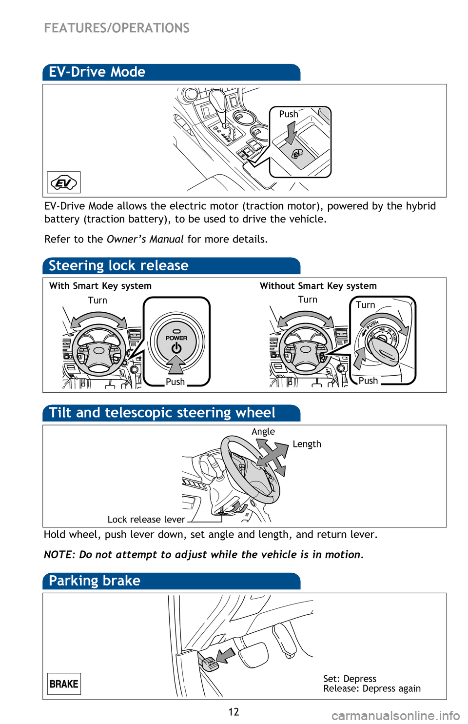 TOYOTA HIGHLANDER HYBRID 2013 XU50 / 3.G Quick Reference Guide 12
FEATURES/OPERATIONS
Hold wheel, push lever down, set angle and length, and return lever.
NOTE: Do not attempt to adjust while the vehicle is in motion.
AngleLength
Lock release lever
Tilt and teles TOYOTA HIGHLANDER HYBRID 2013 XU50 / 3.G Quick Reference Guide 12
FEATURES/OPERATIONS
Hold wheel, push lever down, set angle and length, and return lever.
NOTE: Do not attempt to adjust while the vehicle is in motion.
AngleLength
Lock release lever
Tilt and teles