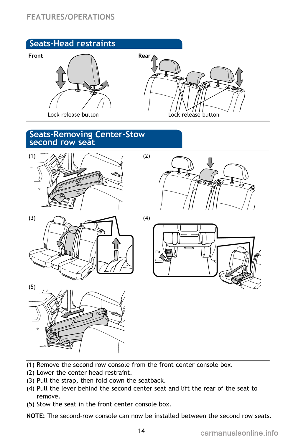 TOYOTA HIGHLANDER HYBRID 2013 XU50 / 3.G Quick Reference Guide 14
FEATURES/OPERATIONS
Seats-Head restraints
FrontRear
Lock release button
Lock release button
(1) Remove the second row console from the front center console box.
(2) Lower the center head restrain TOYOTA HIGHLANDER HYBRID 2013 XU50 / 3.G Quick Reference Guide 14
FEATURES/OPERATIONS
Seats-Head restraints
FrontRear
Lock release button
Lock release button
(1) Remove the second row console from the front center console box.
(2) Lower the center head restrain