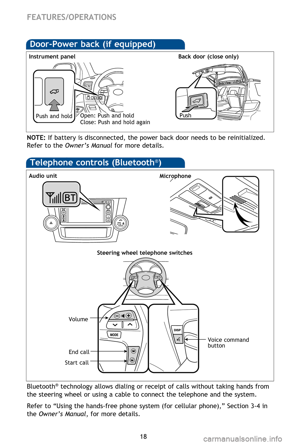 TOYOTA HIGHLANDER HYBRID 2013 XU50 / 3.G Quick Reference Guide 18
FEATURES/OPERATIONS
Door-Power back (if equipped)
PushPush and hold
Instrument panel
Back door (close only)Open: Push and hold
Close: Push and hold again
NOTE: If battery is disconnected, the powe TOYOTA HIGHLANDER HYBRID 2013 XU50 / 3.G Quick Reference Guide 18
FEATURES/OPERATIONS
Door-Power back (if equipped)
PushPush and hold
Instrument panel
Back door (close only)Open: Push and hold
Close: Push and hold again
NOTE: If battery is disconnected, the powe