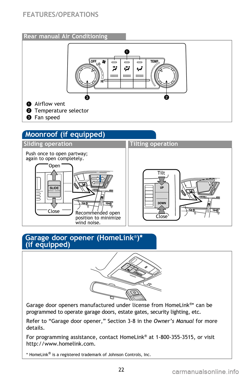 TOYOTA HIGHLANDER HYBRID 2013 XU50 / 3.G Quick Reference Guide 22
FEATURES/OPERATIONS
Garage door opener (HomeLink®)*
(if equipped)
Garage door openers manufactured under license from HomeLink®* can be
programmed to operate garage doors, estate gates, securit TOYOTA HIGHLANDER HYBRID 2013 XU50 / 3.G Quick Reference Guide 22
FEATURES/OPERATIONS
Garage door opener (HomeLink®)*
(if equipped)
Garage door openers manufactured under license from HomeLink®* can be
programmed to operate garage doors, estate gates, securit