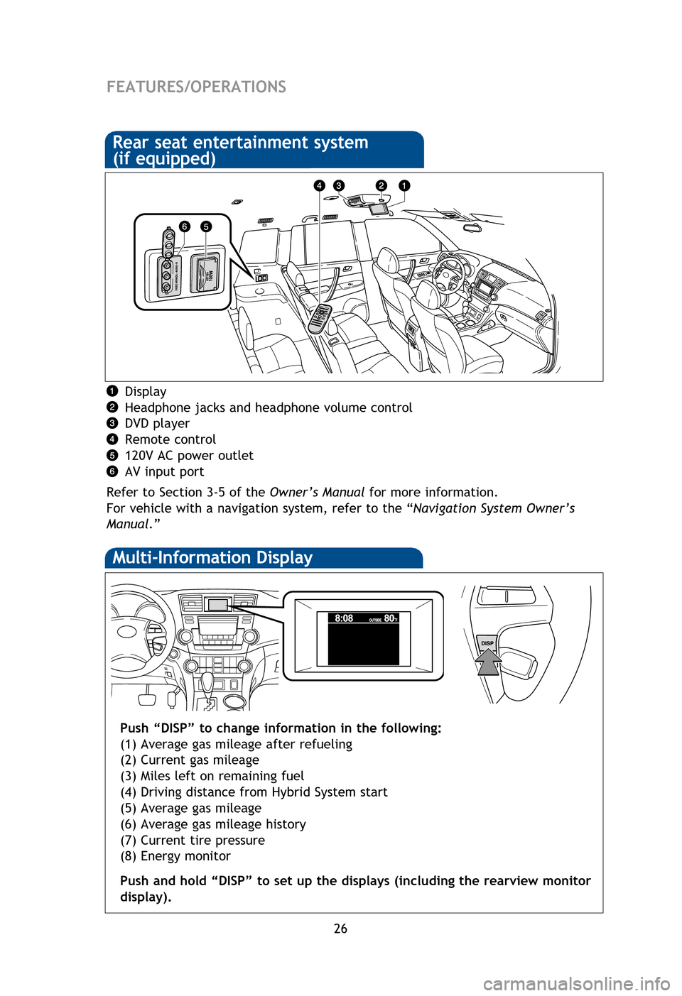 TOYOTA HIGHLANDER HYBRID 2013 XU50 / 3.G Quick Reference Guide
26
FEATURES/OPERATIONS
Cup holders
Front
Console box
Rear
HAC helps prevent rolling backwards on an incline. To engage, push further down
on
brake pedal while at a complete stop TOYOTA HIGHLANDER HYBRID 2013 XU50 / 3.G Quick Reference Guide
26
FEATURES/OPERATIONS
Cup holders
Front
Console box
Rear
HAC helps prevent rolling backwards on an incline. To engage, push further down
on
brake pedal while at a complete stop