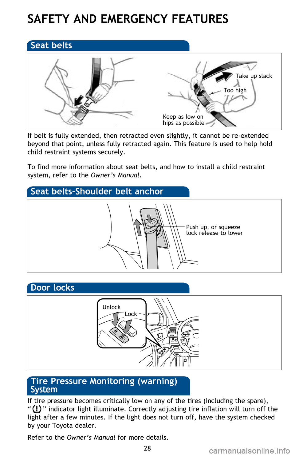 TOYOTA HIGHLANDER HYBRID 2013 XU50 / 3.G Quick Reference Guide 28
SAFETY AND EMERGENCY FEATURES
If belt is fully extended, then retracted even slightly, it cannot be re-extended
beyond that point, unless fully retracted again. This feature is used to help hold
TOYOTA HIGHLANDER HYBRID 2013 XU50 / 3.G Quick Reference Guide 28
SAFETY AND EMERGENCY FEATURES
If belt is fully extended, then retracted even slightly, it cannot be re-extended
beyond that point, unless fully retracted again. This feature is used to help hold