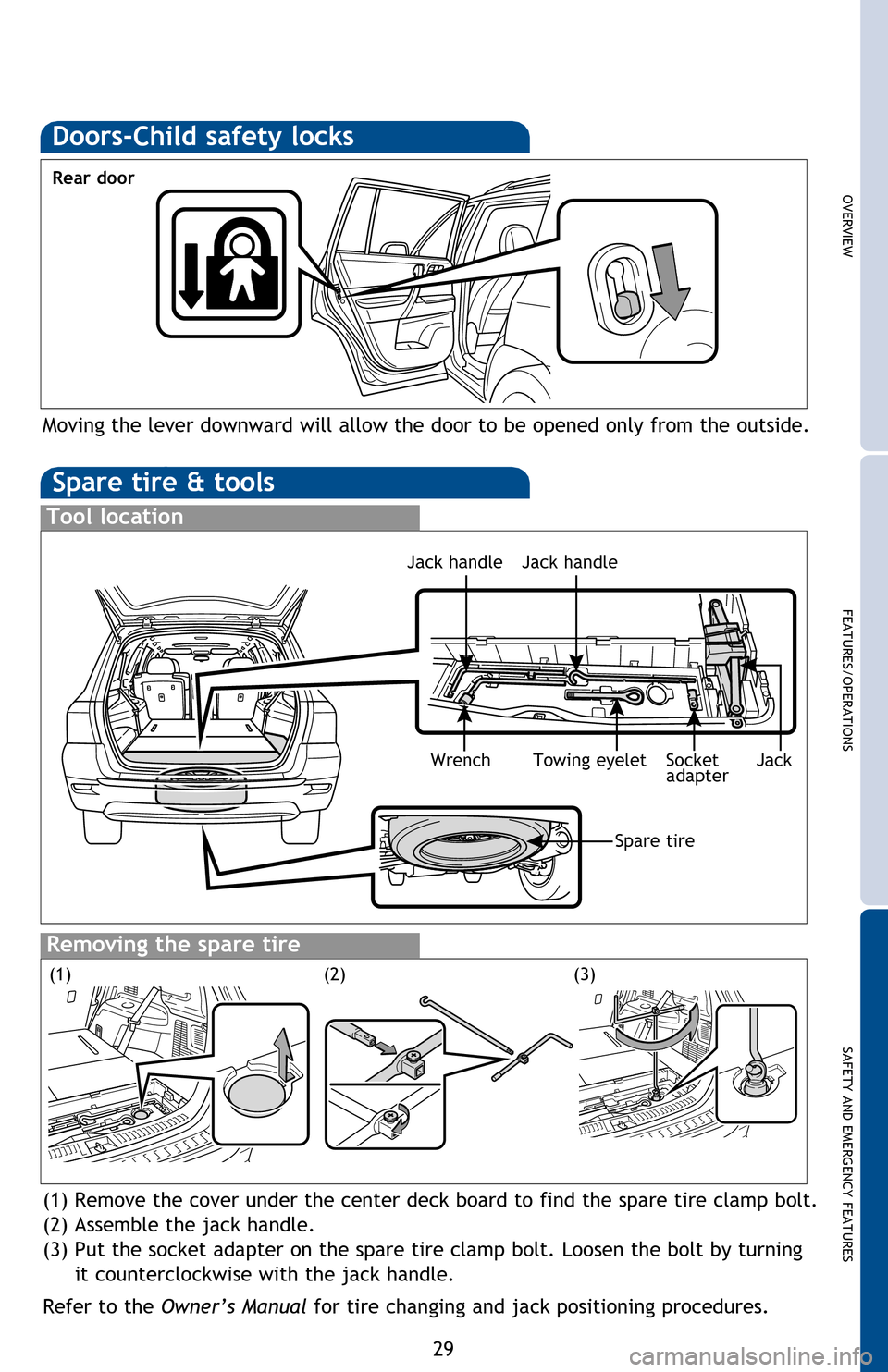 TOYOTA HIGHLANDER HYBRID 2013 XU50 / 3.G Quick Reference Guide OVERVIEW
FEATURES/OPERATIONS
SAFETY AND EMERGENCY FEATURES
29
If belt is fully extended, then retracted even slightly, it cannot be re-extended 
beyond that point, unless fully retracted again. This f