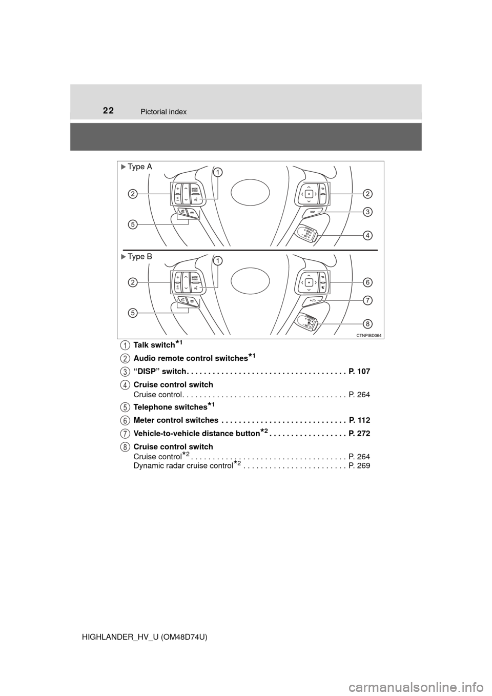 TOYOTA HIGHLANDER HYBRID 2014 XU50 / 3.G Owners Manual 22Pictorial index
HIGHLANDER_HV_U (OM48D74U)Talk switch
*1
Audio remote control switches*1
“DISP” switch . . . . . . . . . . . . . . . . . . . . . . . . . . . . . . . . . . . . .  P. 107
Cruise co