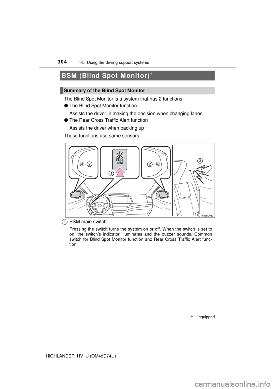 TOYOTA HIGHLANDER HYBRID 2014 XU50 / 3.G Owners Guide 3044-5. Using the driving support systems
HIGHLANDER_HV_U (OM48D74U)
The Blind Spot Monitor is a system that has 2 functions;
● The Blind Spot Monitor function
Assists the driver in making the deci TOYOTA HIGHLANDER HYBRID 2014 XU50 / 3.G Owners Guide 3044-5. Using the driving support systems
HIGHLANDER_HV_U (OM48D74U)
The Blind Spot Monitor is a system that has 2 functions;
● The Blind Spot Monitor function
Assists the driver in making the deci