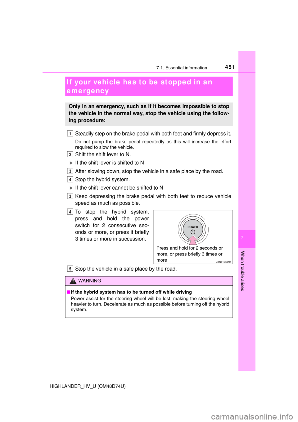 TOYOTA HIGHLANDER HYBRID 2014 XU50 / 3.G Owners Manual 4517-1. Essential information
7
When trouble arises
HIGHLANDER_HV_U (OM48D74U)
Steadily step on the brake pedal with both feet and firmly depress it.
Do not pump the brake pedal repeatedly as this wil