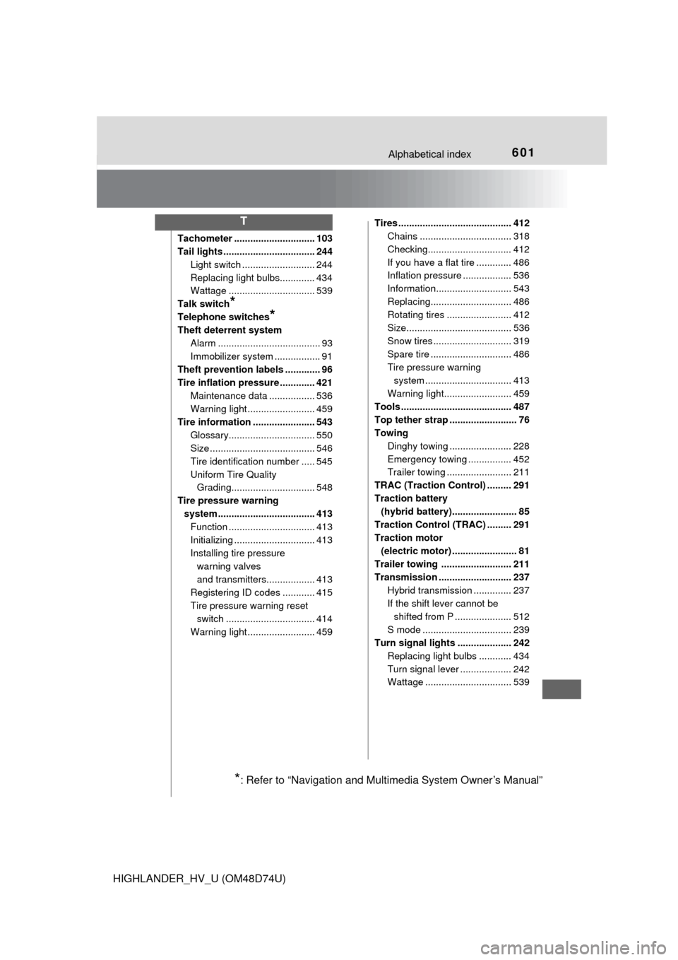 TOYOTA HIGHLANDER HYBRID 2014 XU50 / 3.G Owners Manual 601Alphabetical index
HIGHLANDER_HV_U (OM48D74U)
Tachometer .............................. 103
Tail lights .................................. 244Light switch ........................... 244
Replacing 