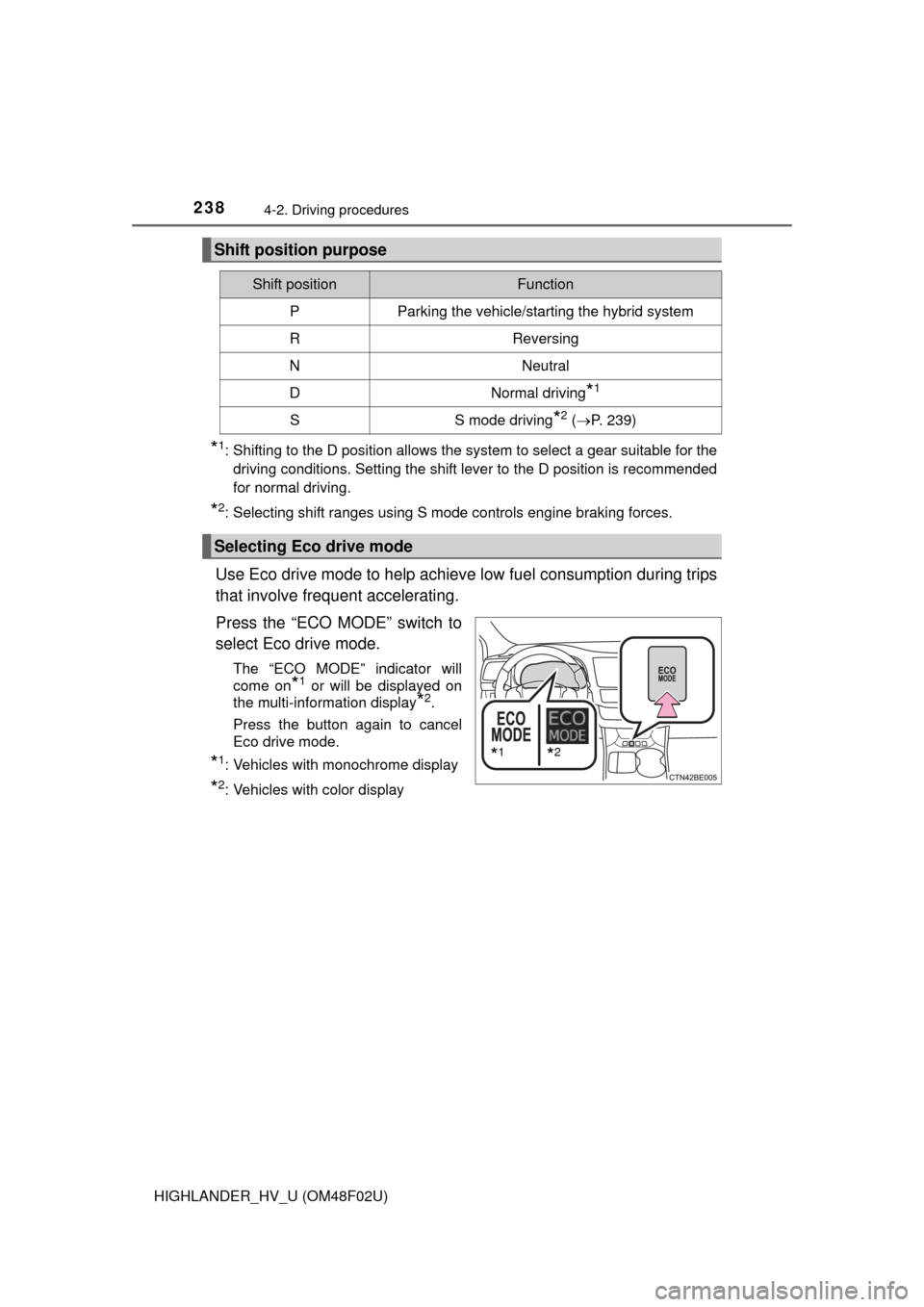 TOYOTA HIGHLANDER HYBRID 2015 XU50 / 3.G Owners Manual 2384-2. Driving procedures
HIGHLANDER_HV_U (OM48F02U)
*1: Shifting to the D position allows the system to select a gear suitable for thedriving conditions. Setting the shift lever to the D position is