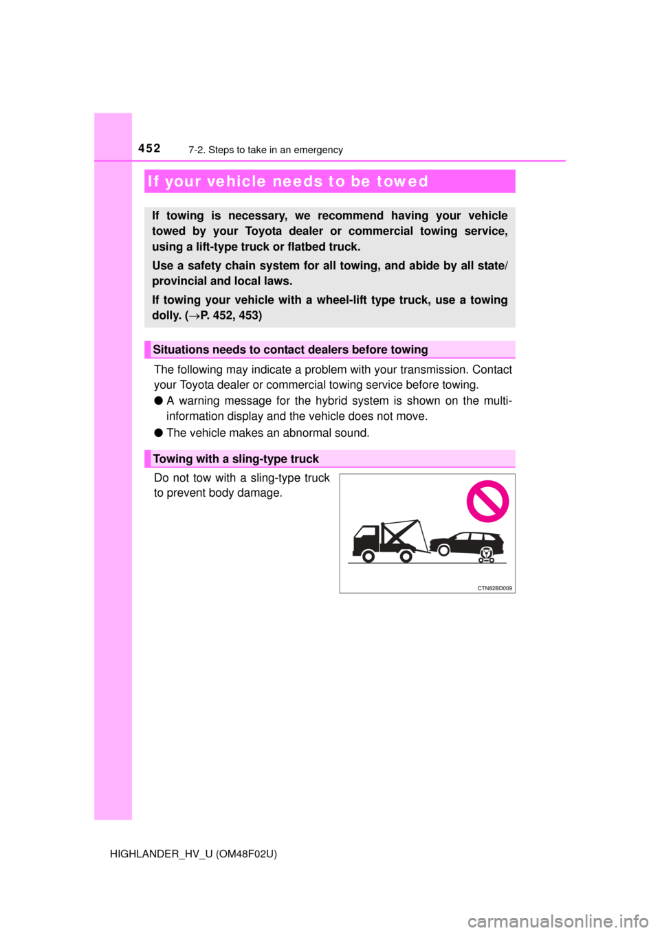 TOYOTA HIGHLANDER HYBRID 2015 XU50 / 3.G Owners Manual 452
HIGHLANDER_HV_U (OM48F02U)
7-2. Steps to take in an emergency
The following may indicate a problem with your transmission. Contact
your Toyota dealer or commercial towing service before towing.
