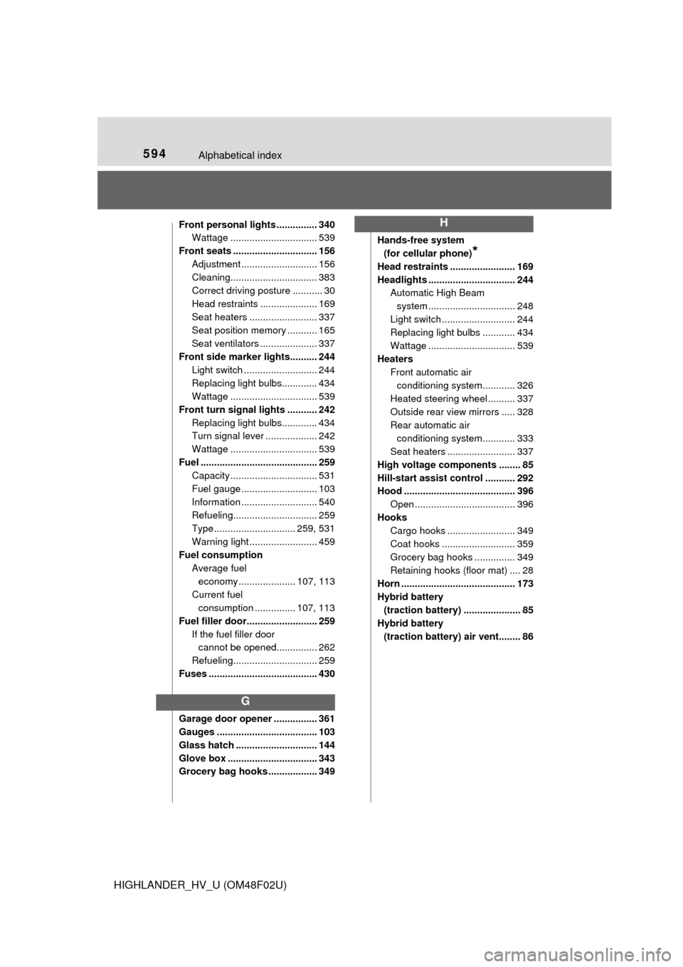 TOYOTA HIGHLANDER HYBRID 2015 XU50 / 3.G Owners Manual 594Alphabetical index
HIGHLANDER_HV_U (OM48F02U)
Front personal lights ............... 340Wattage ................................ 539
Front seats ............................... 156 Adjustment ......