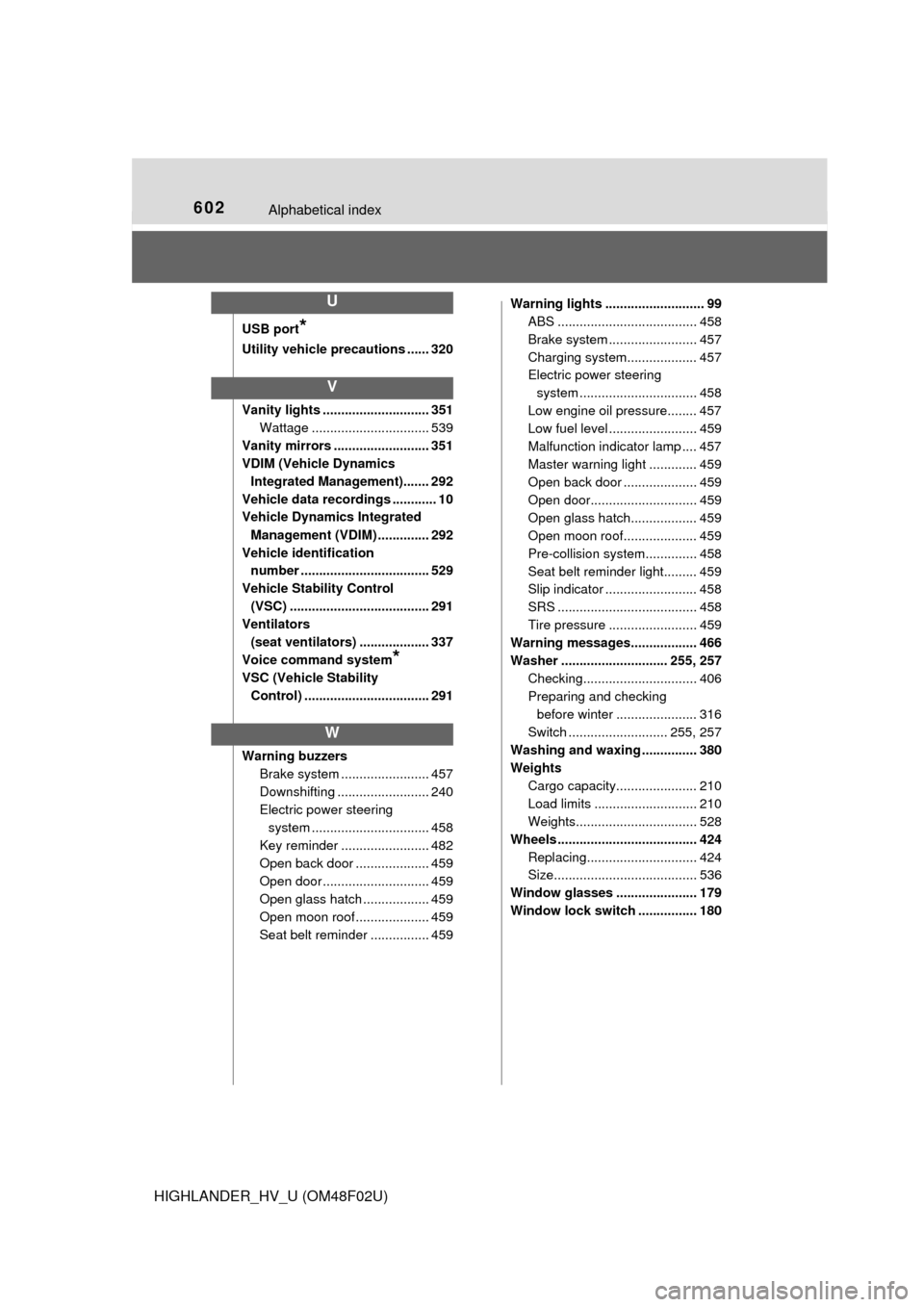 TOYOTA HIGHLANDER HYBRID 2015 XU50 / 3.G Owners Manual 602Alphabetical index
HIGHLANDER_HV_U (OM48F02U)
USB port*
Utility vehicle precautions ...... 320
Vanity lights ............................. 351Wattage ................................ 539
Vanity mir