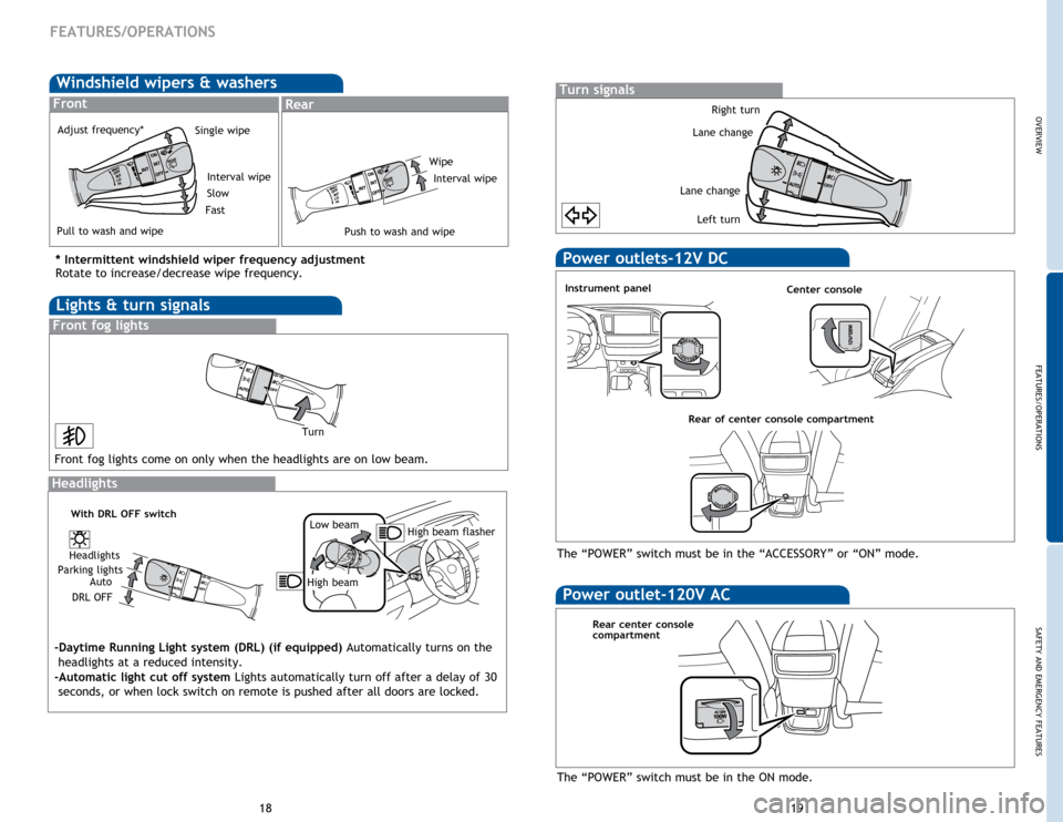 TOYOTA HIGHLANDER HYBRID 2015 XU50 / 3.G Quick Reference Guide Windshield wipers & washers
FrontRear
* Intermittent windshield wiper frequency adjustment
Rotate to increase/decrease wipe frequency.
Interval wipe
Single wipe
Slow
Fast
Pull to wash and wipe Adjust TOYOTA HIGHLANDER HYBRID 2015 XU50 / 3.G Quick Reference Guide Windshield wipers & washers
FrontRear
* Intermittent windshield wiper frequency adjustment
Rotate to increase/decrease wipe frequency.
Interval wipe
Single wipe
Slow
Fast
Pull to wash and wipe Adjust