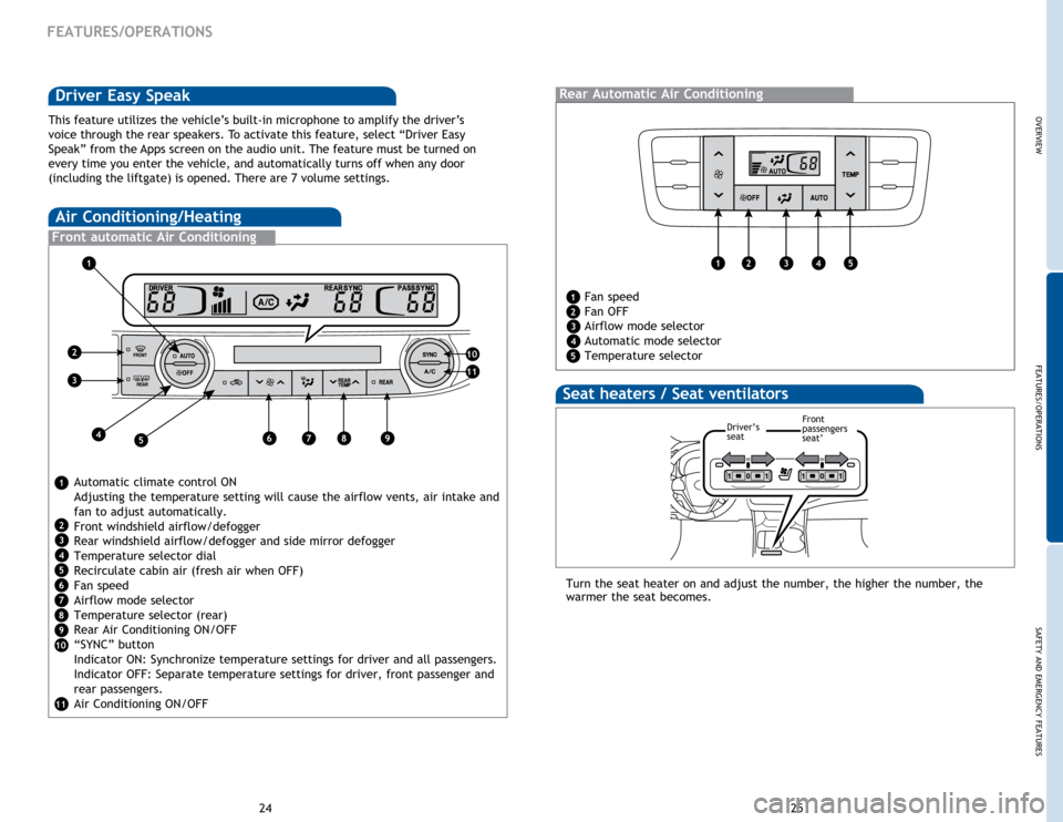 TOYOTA HIGHLANDER HYBRID 2015 XU50 / 3.G Quick Reference Guide OVERVIEW
FEATURES/OPERATIONS
SAFETY AND EMERGENCY FEATURES
25
24
Air Conditioning/Heating
Front automatic Air Conditioning
Automatic climate control ON
Adjusting the temperature setting will cause the TOYOTA HIGHLANDER HYBRID 2015 XU50 / 3.G Quick Reference Guide OVERVIEW
FEATURES/OPERATIONS
SAFETY AND EMERGENCY FEATURES
25
24
Air Conditioning/Heating
Front automatic Air Conditioning
Automatic climate control ON
Adjusting the temperature setting will cause the