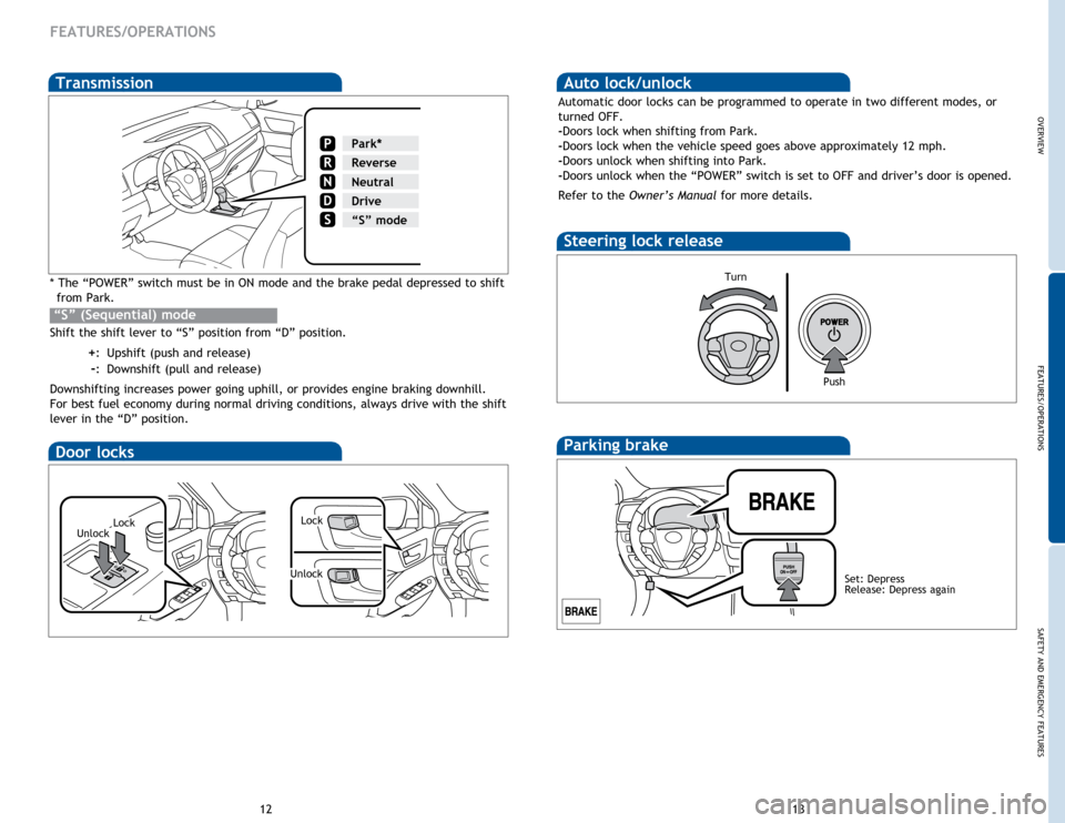 TOYOTA HIGHLANDER HYBRID 2015 XU50 / 3.G Quick Reference Guide OVERVIEW
FEATURES/OPERATIONS
SAFETY AND EMERGENCY FEATURES
13
12
Transmission
* The “POWER” switch must be in ON mode and the brake pedal depressed to shift
from Park.
Shift the shift lever to TOYOTA HIGHLANDER HYBRID 2015 XU50 / 3.G Quick Reference Guide OVERVIEW
FEATURES/OPERATIONS
SAFETY AND EMERGENCY FEATURES
13
12
Transmission
* The “POWER” switch must be in ON mode and the brake pedal depressed to shift
from Park.
Shift the shift lever to