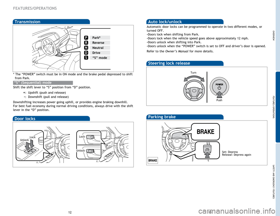 TOYOTA HIGHLANDER HYBRID 2015 XU50 / 3.G Quick Reference Guide OVERVIEW
FEATURES/OPERATIONS
SAFETY AND EMERGENCY FEATURES
13
12
Transmission
* The “POWER” switch must be in ON mode and the brake pedal depressed to shift 
from Park.
Shift the shift lever to �