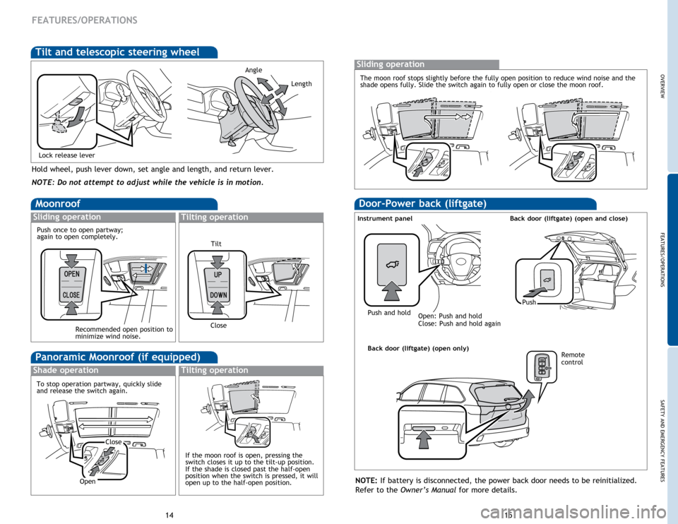 TOYOTA HIGHLANDER HYBRID 2015 XU50 / 3.G Quick Reference Guide OVERVIEW
FEATURES/OPERATIONS
SAFETY AND EMERGENCY FEATURES
1415
FEATURES/OPERATIONS
Hold wheel, push lever down, set angle and length, and return lever.
Angle
Length
Lock release lever
NOTE: Do not at TOYOTA HIGHLANDER HYBRID 2015 XU50 / 3.G Quick Reference Guide OVERVIEW
FEATURES/OPERATIONS
SAFETY AND EMERGENCY FEATURES
1415
FEATURES/OPERATIONS
Hold wheel, push lever down, set angle and length, and return lever.
Angle
Length
Lock release lever
NOTE: Do not at