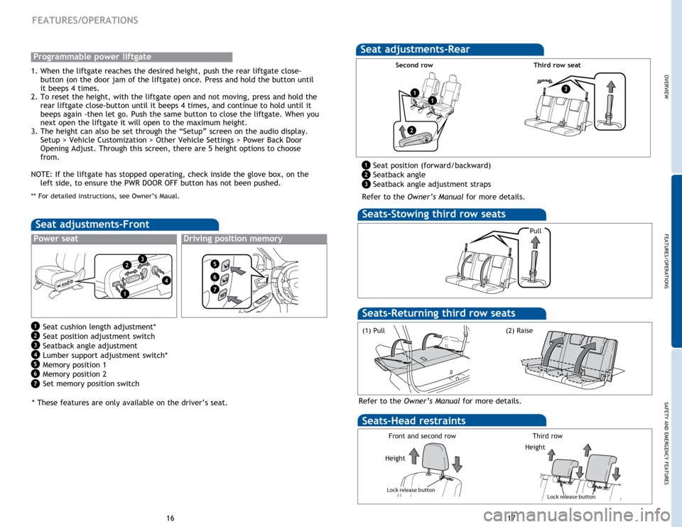 TOYOTA HIGHLANDER HYBRID 2015 XU50 / 3.G Quick Reference Guide OVERVIEW
FEATURES/OPERATIONS
SAFETY AND EMERGENCY FEATURES
16
FEATURES/OPERATIONS
Seats-Head restraints
Lock release button
Lock release button
Lock release button
Pull
Height
Seats -Stowing  third ro