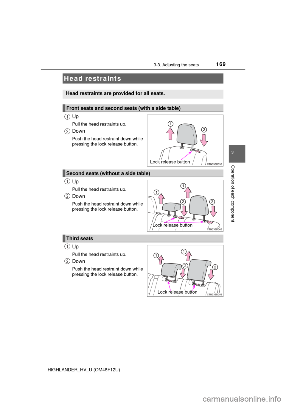 TOYOTA HIGHLANDER HYBRID 2016 XU50 / 3.G Owners Manual 1693-3. Adjusting the seats
3
Operation of each component
HIGHLANDER_HV_U (OM48F12U)
Up
Pull the head restraints up.
Down
Push the head restraint down while
pressing the lock release button.
Up
Pull t TOYOTA HIGHLANDER HYBRID 2016 XU50 / 3.G Owners Manual 1693-3. Adjusting the seats
3
Operation of each component
HIGHLANDER_HV_U (OM48F12U)
Up
Pull the head restraints up.
Down
Push the head restraint down while
pressing the lock release button.
Up
Pull t