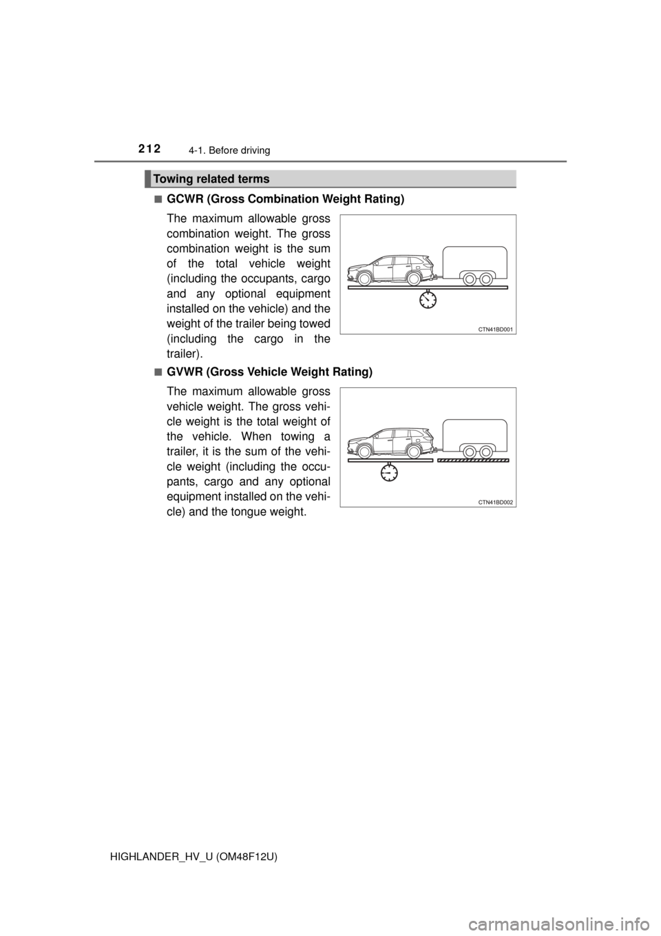 TOYOTA HIGHLANDER HYBRID 2016 XU50 / 3.G Owners Manual 2124-1. Before driving
HIGHLANDER_HV_U (OM48F12U)■
GCWR (Gross Combination Weight Rating)
The maximum allowable gross
combination weight. The gross
combination weight is the sum
of the total vehicle