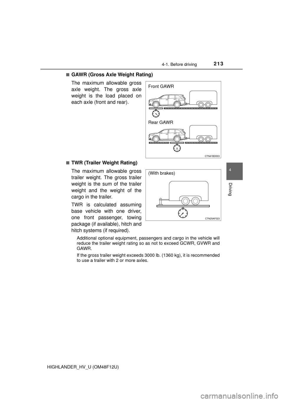 TOYOTA HIGHLANDER HYBRID 2016 XU50 / 3.G Owners Manual 2134-1. Before driving
4
Driving
HIGHLANDER_HV_U (OM48F12U)■
GAWR (Gross Axle Weight Rating)
The maximum allowable gross
axle weight. The gross axle
weight is the load placed on
each axle (front and