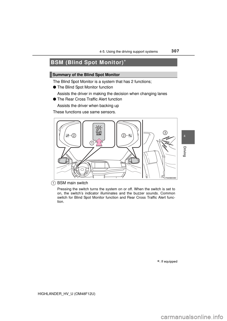 TOYOTA HIGHLANDER HYBRID 2016 XU50 / 3.G Owners Manual 3074-5. Using the driving support systems
4
Driving
HIGHLANDER_HV_U (OM48F12U)
The Blind Spot Monitor is a system that has 2 functions;
● The Blind Spot Monitor function
Assists the driver in making TOYOTA HIGHLANDER HYBRID 2016 XU50 / 3.G Owners Manual 3074-5. Using the driving support systems
4
Driving
HIGHLANDER_HV_U (OM48F12U)
The Blind Spot Monitor is a system that has 2 functions;
● The Blind Spot Monitor function
Assists the driver in making