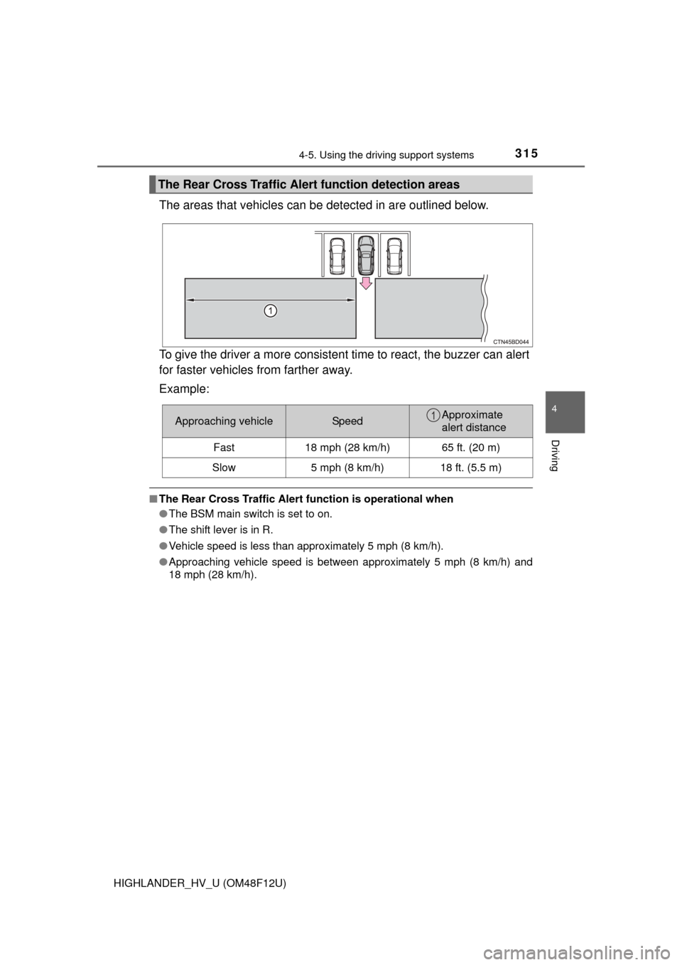 TOYOTA HIGHLANDER HYBRID 2016 XU50 / 3.G Owners Manual 3154-5. Using the driving support systems
4
Driving
HIGHLANDER_HV_U (OM48F12U)
The areas that vehicles can be detected in are outlined below.
To give the driver a more consistent time to react, the bu TOYOTA HIGHLANDER HYBRID 2016 XU50 / 3.G Owners Manual 3154-5. Using the driving support systems
4
Driving
HIGHLANDER_HV_U (OM48F12U)
The areas that vehicles can be detected in are outlined below.
To give the driver a more consistent time to react, the bu