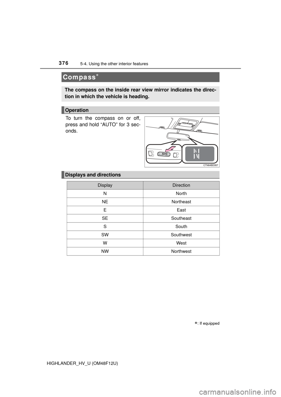 TOYOTA HIGHLANDER HYBRID 2016 XU50 / 3.G Owners Manual 3765-4. Using the other interior features
HIGHLANDER_HV_U (OM48F12U)
To turn the compass on or off,
press and hold “AUTO” for 3 sec-
onds.
Compass
: If equipped
The compass on the inside rea TOYOTA HIGHLANDER HYBRID 2016 XU50 / 3.G Owners Manual 3765-4. Using the other interior features
HIGHLANDER_HV_U (OM48F12U)
To turn the compass on or off,
press and hold “AUTO” for 3 sec-
onds.
Compass
: If equipped
The compass on the inside rea
