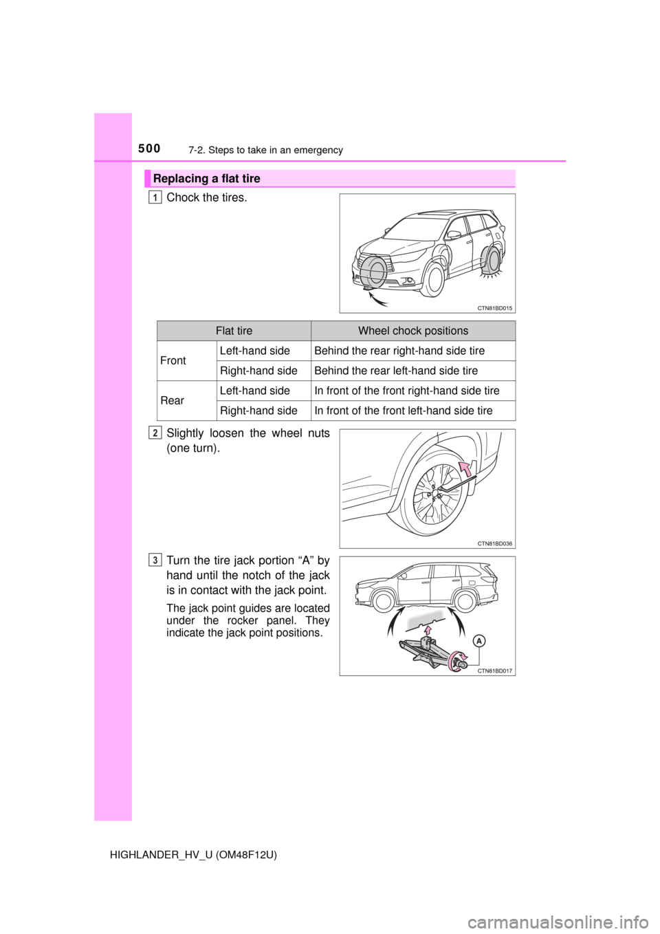 TOYOTA HIGHLANDER HYBRID 2016 XU50 / 3.G Owners Manual 5007-2. Steps to take in an emergency
HIGHLANDER_HV_U (OM48F12U)
Chock the tires.
Slightly loosen the wheel nuts
(one turn).
Turn the tire jack portion “A” by
hand until the notch of the jack
is i