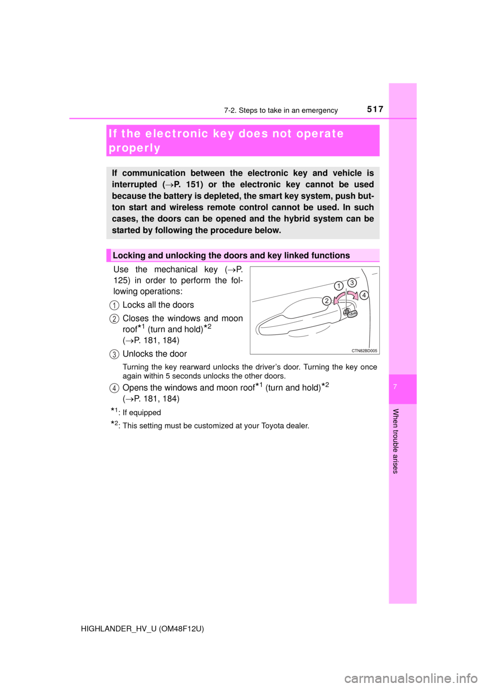 TOYOTA HIGHLANDER HYBRID 2016 XU50 / 3.G Owners Manual 5177-2. Steps to take in an emergency
7
When trouble arises
HIGHLANDER_HV_U (OM48F12U)
Use the mechanical key (P.
125) in order to perform the fol-
lowing operations:
Locks all the doors
Closes the TOYOTA HIGHLANDER HYBRID 2016 XU50 / 3.G Owners Manual 5177-2. Steps to take in an emergency
7
When trouble arises
HIGHLANDER_HV_U (OM48F12U)
Use the mechanical key (P.
125) in order to perform the fol-
lowing operations:
Locks all the doors
Closes the