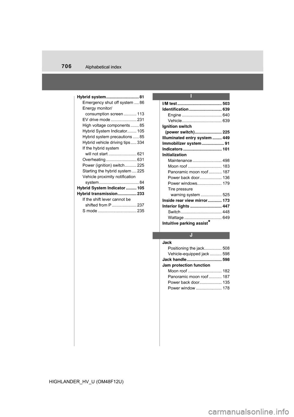 TOYOTA HIGHLANDER HYBRID 2017 XU50 / 3.G Repair Manual 706Alphabetical index
HIGHLANDER_HV_U (OM48F12U)
Hybrid system ............................ 81Emergency shut off system .... 86
Energy monitor/
consumption screen ........... 113
EV drive mode .......