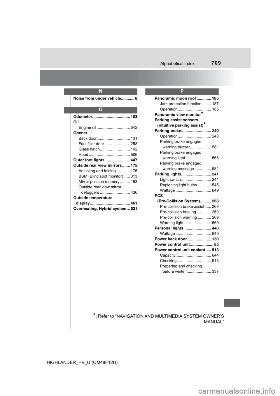 TOYOTA HIGHLANDER HYBRID 2017 XU50 / 3.G Owners Manual 709Alphabetical index
HIGHLANDER_HV_U (OM48F12U)
Noise from under vehicle............ 8
Odometer.................................. 103
OilEngine oil .............................. 642
Opener Back door
