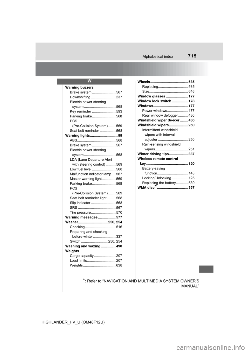 TOYOTA HIGHLANDER HYBRID 2017 XU50 / 3.G Repair Manual 715Alphabetical index
HIGHLANDER_HV_U (OM48F12U)
Warning buzzersBrake system ....... ................. 567
Downshifting ......................... 237
Electric power steering  system ......... ........