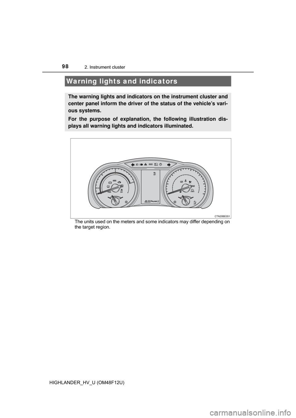 TOYOTA HIGHLANDER HYBRID 2017 XU50 / 3.G Owners Manual 98
HIGHLANDER_HV_U (OM48F12U)
2. Instrument cluster
The units used on the meters and some indicators may differ depending on
the target region.
Warning lights and indicators
The warning lights and ind