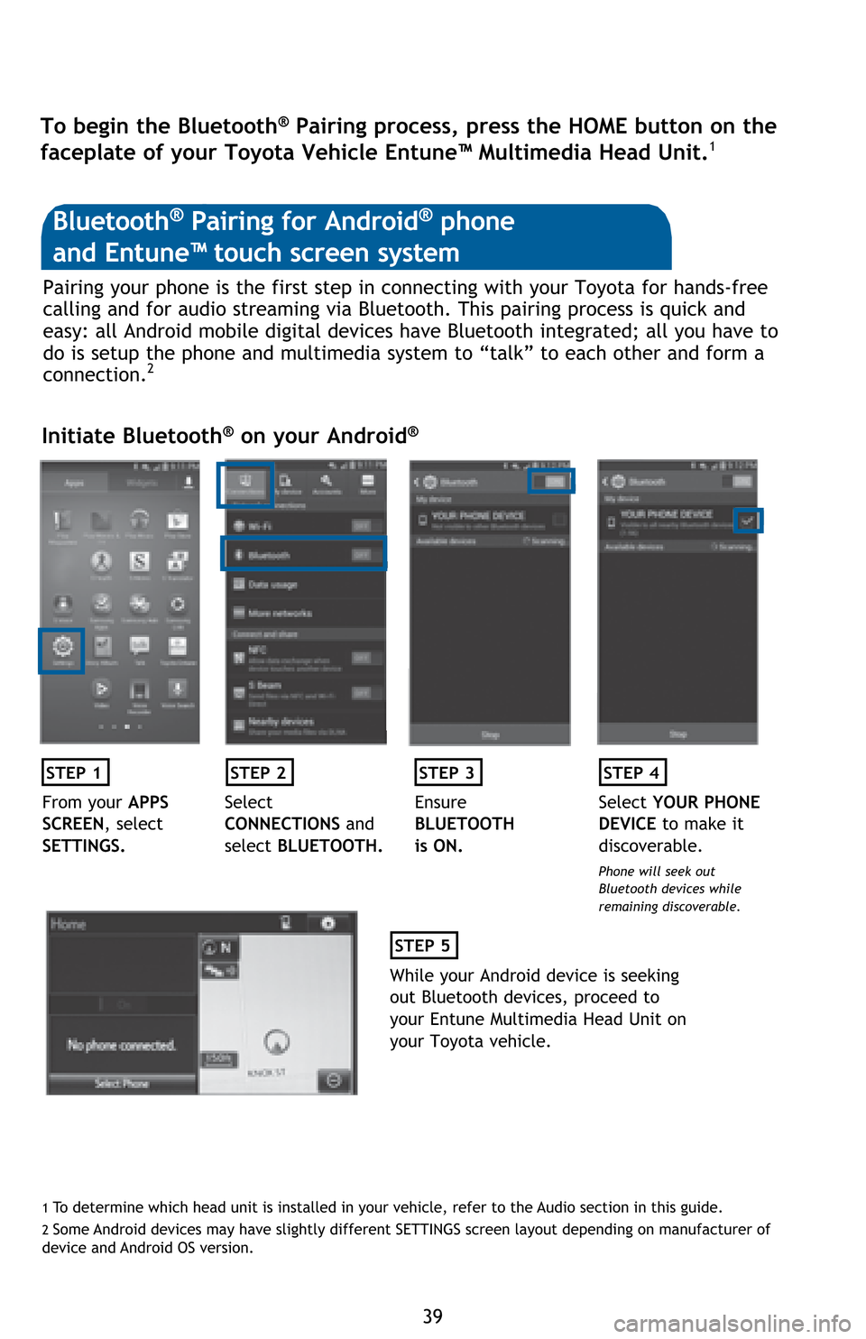 TOYOTA HIGHLANDER HYBRID 2017 XU50 / 3.G Quick Reference Guide 39 Pairing your phone is the first step in connecting with your Toyota for hands-free
calling and for audio streaming via Bluetooth. This pairing process is quick and
easy: all Android mobile digita TOYOTA HIGHLANDER HYBRID 2017 XU50 / 3.G Quick Reference Guide 39 Pairing your phone is the first step in connecting with your Toyota for hands-free
calling and for audio streaming via Bluetooth. This pairing process is quick and
easy: all Android mobile digita